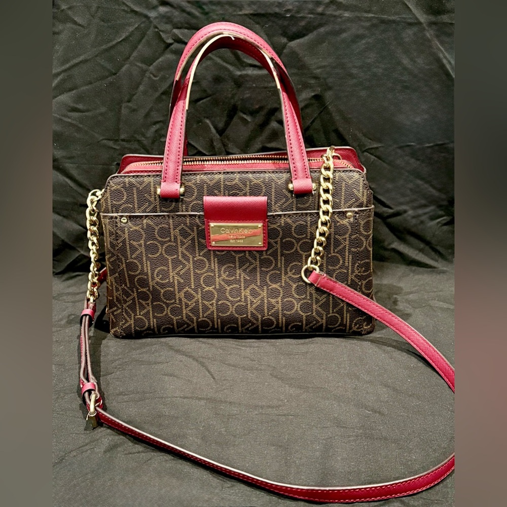 Calvin Klein Monogram Satchel in Brown and Red with gold accents